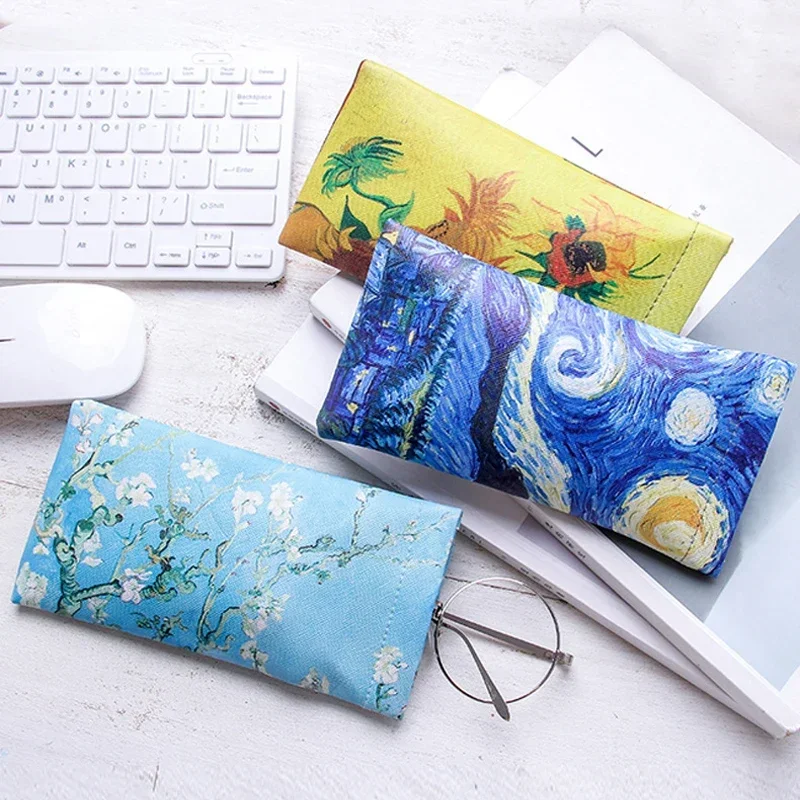 Oil Painting Glasses Case Box Women Men Fashion Leather Reading Glasses Bag Retro Unisex Durable Floral Print Eyewear Protector