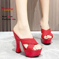 Sexy Cross Band Party Slippers Women Fashion Weave Sandals 15CM Slip-On Thick Platform High Heels 2023 Summer Outdoor Walk Shoes