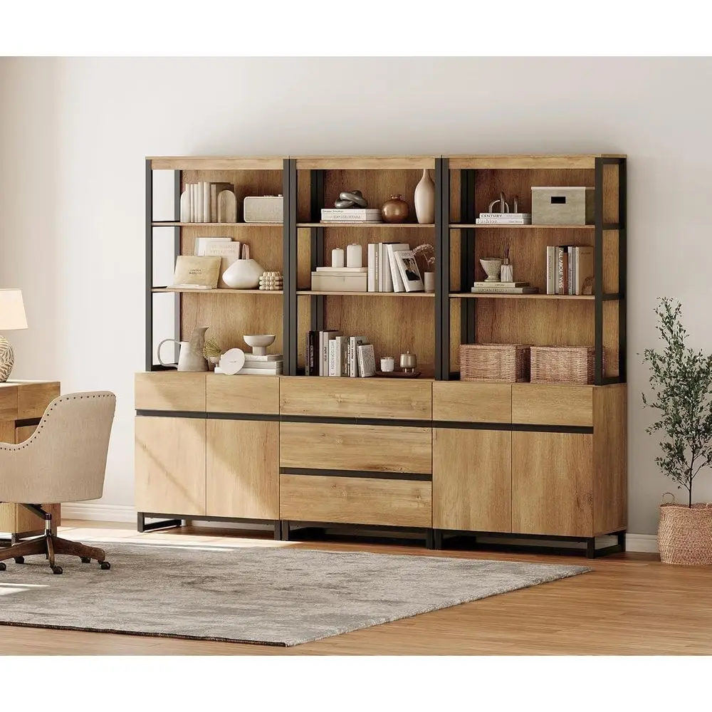 

3-Tier 72 Tall Bookshelf with 3 Drawers, Adjustable Shelves, Storage Cabinet, and Open Shelving, Oak Wood Bookcases for Home Off