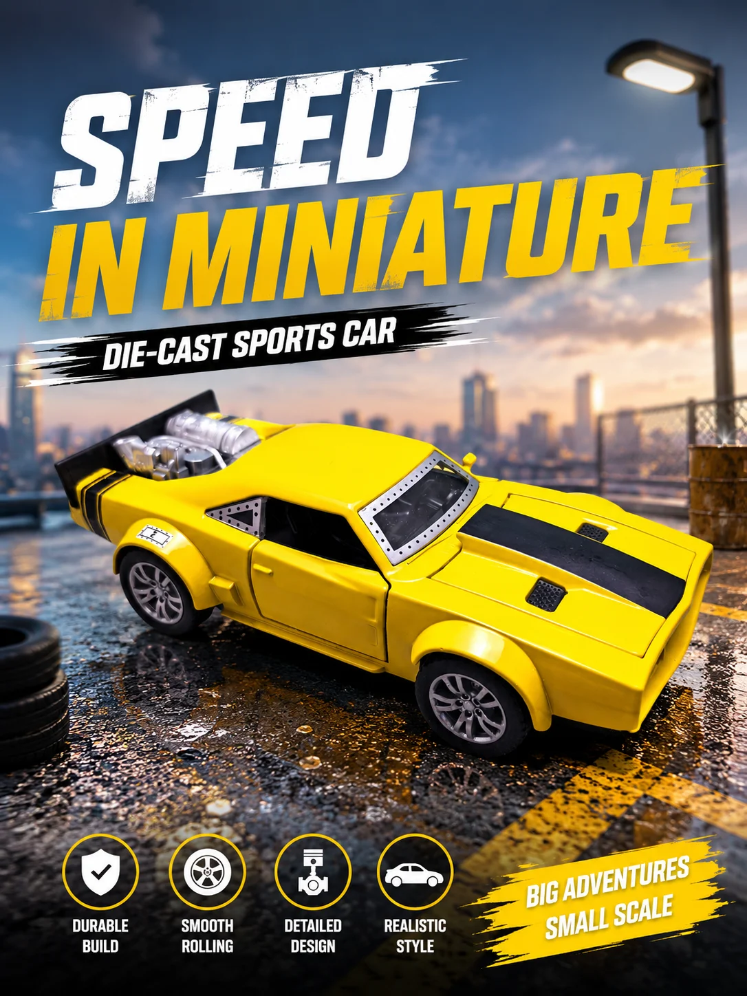 

1:32 Scale Bright Yellow Classic Muscle Car Diecast Model with Openable Hood & Doors