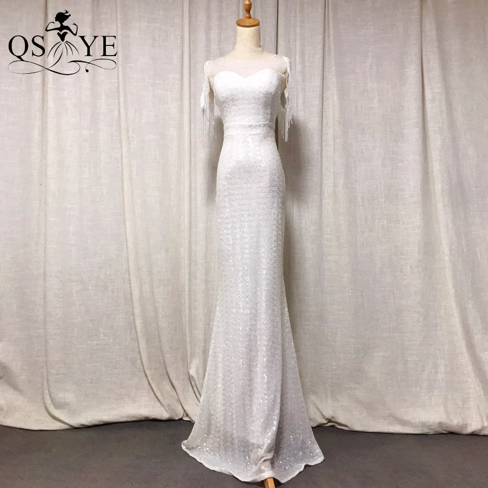 Beading Crystal Short Sleeves White Wedding Dresses Sheer Neck Keyhole Back Bridal Gown Unique Lace Bride Mermaid Wedding Dress