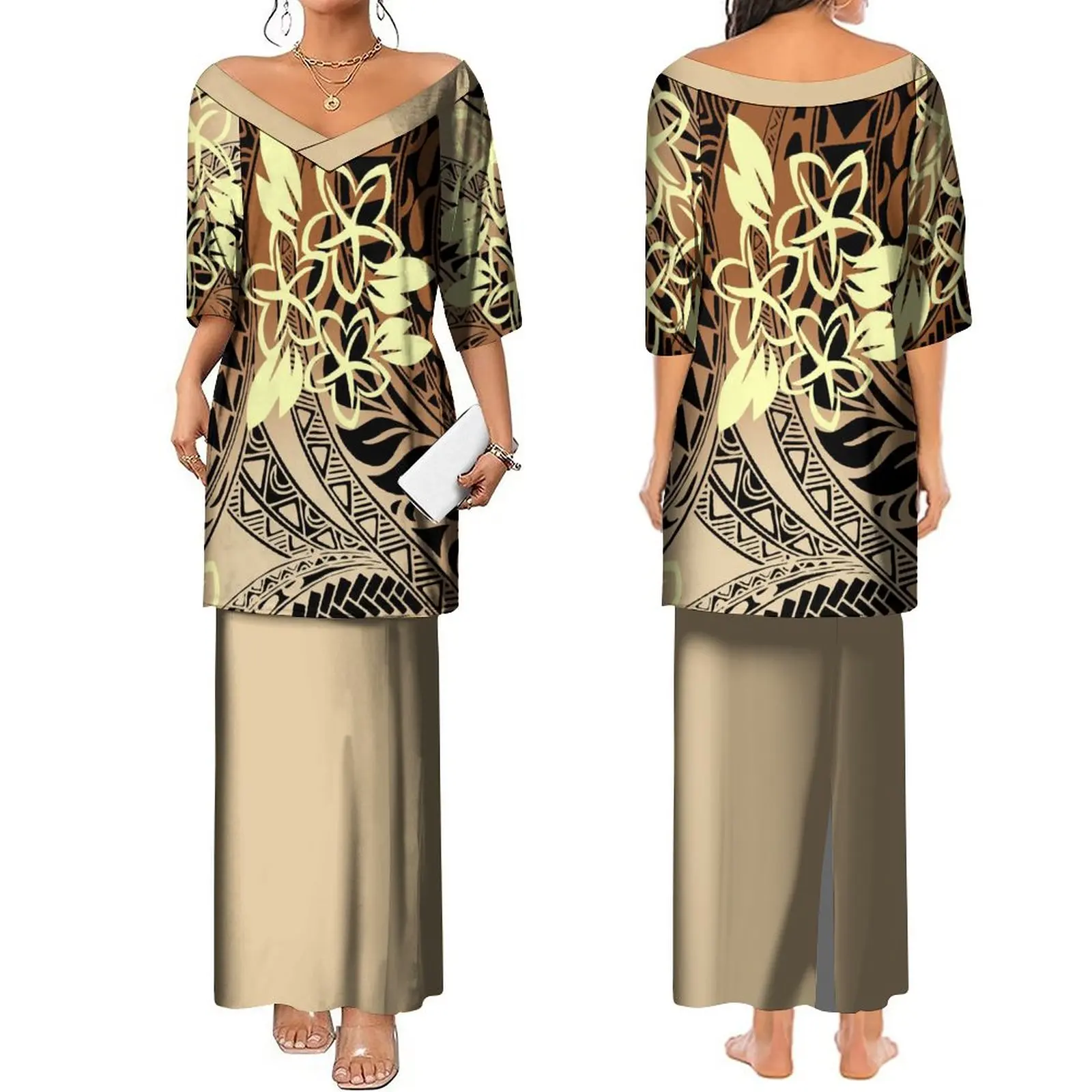 Hawaiian Polynesian Tribe Fashion Ladies Puletasi Half Sleeve Dress Women'S Elegant Two-Piece Dress Free Shipping