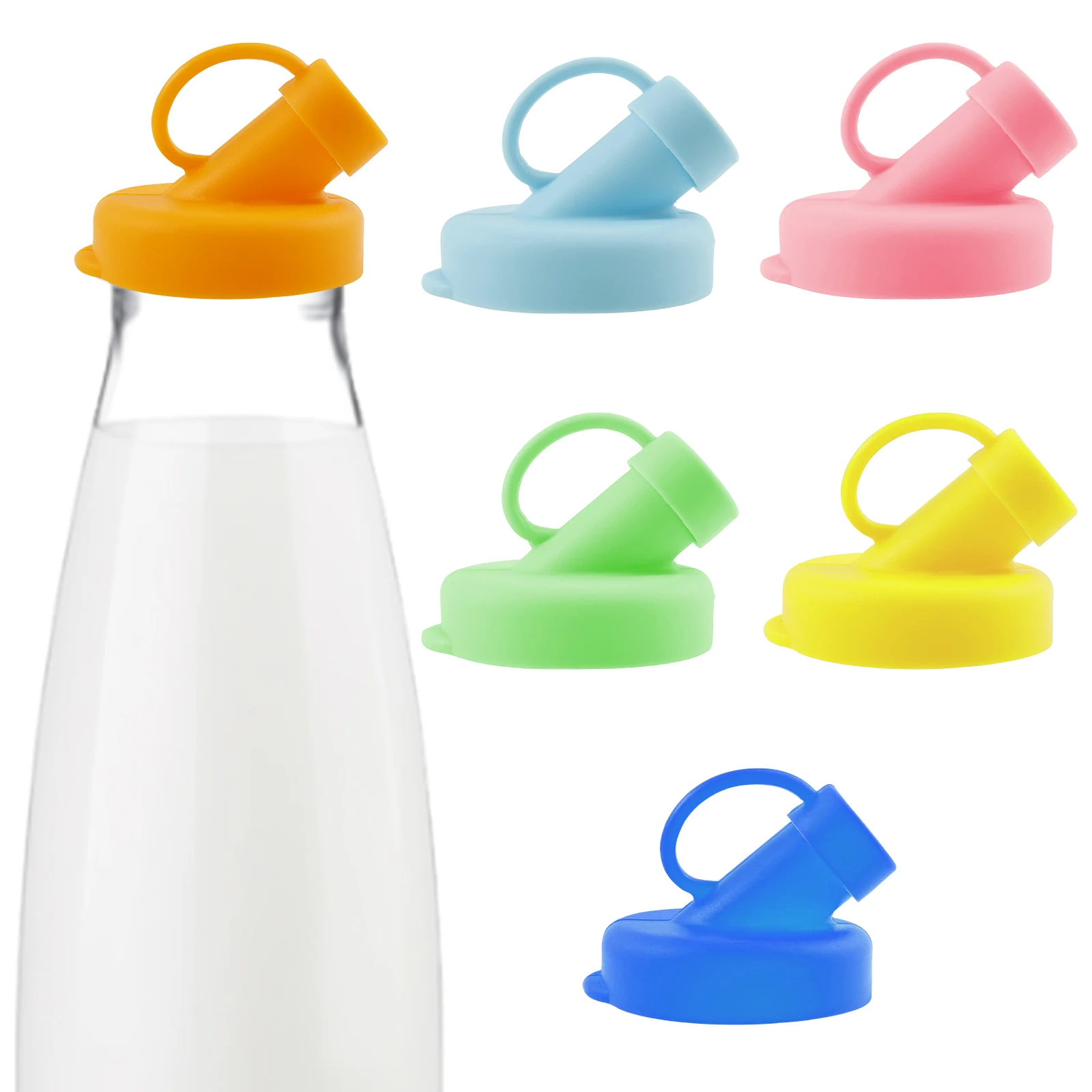

6pcs Milk Bottle with Dispenser Cap 48mm Leak Proof Silicone Milk Bottle Dispenser Lids for Glass Jugs Beverages , Juice Bottles