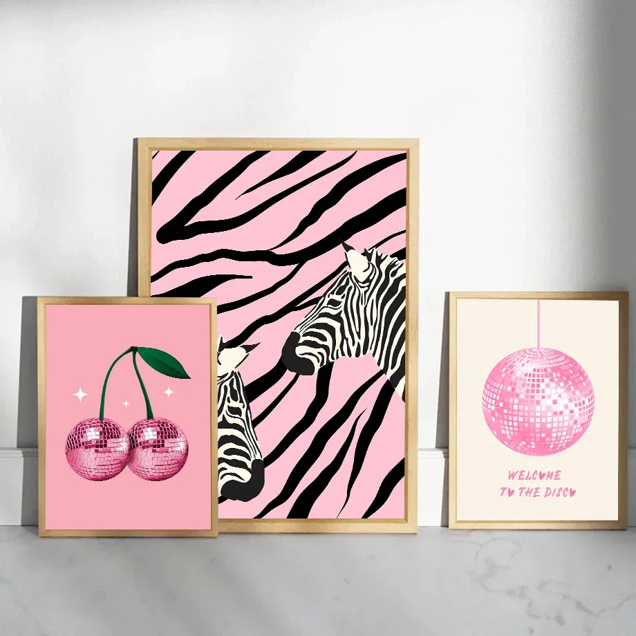 Watercolor Pink Bows Canvas Painting Wall Art Cherry Disco Ball Zebra Poster Print Picture Preppy Girl Room Home Decor Cuadros