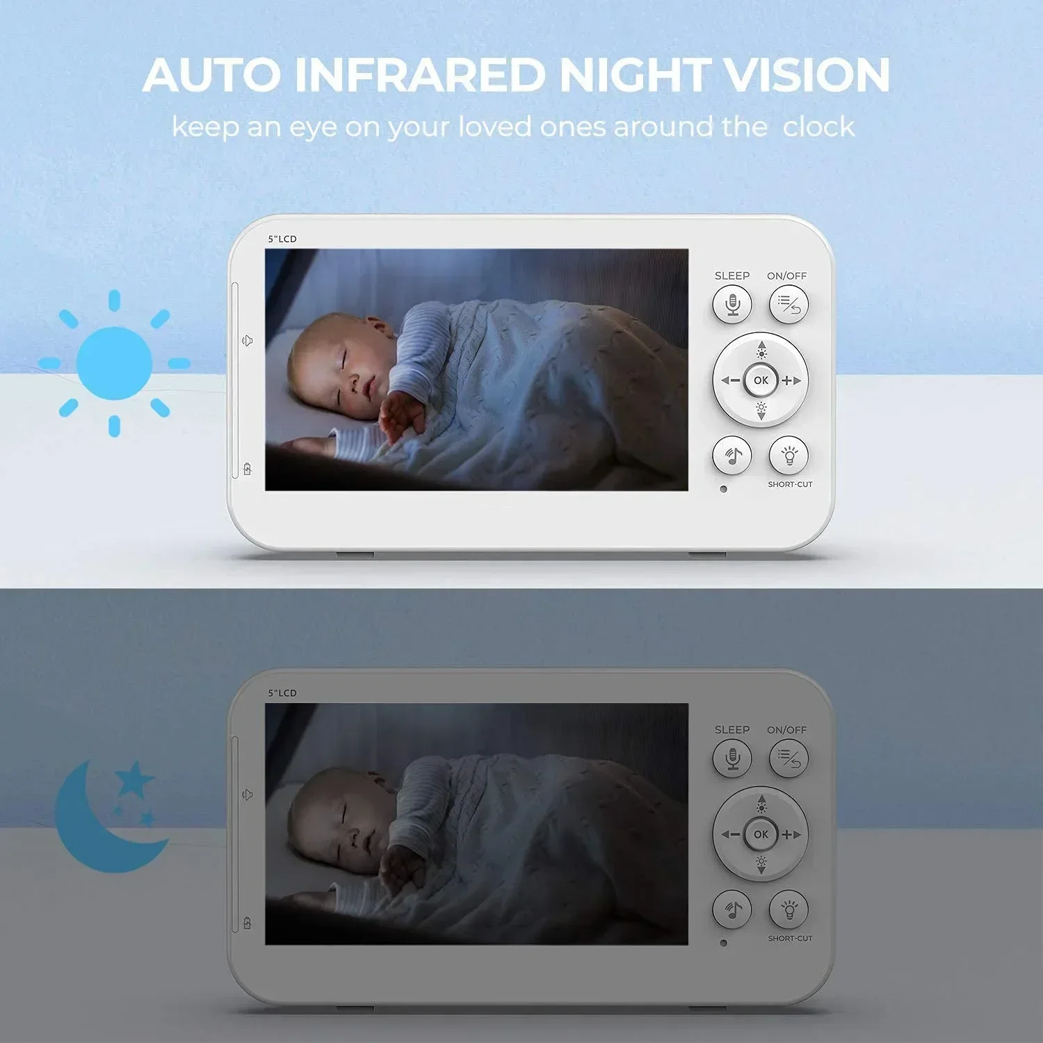 Baby Monitor 5inch TFT LCD Lullabies Camera 2 Way Audio Talk Surveillance Security Temperature Monitor Built-in 5200 mAh battery