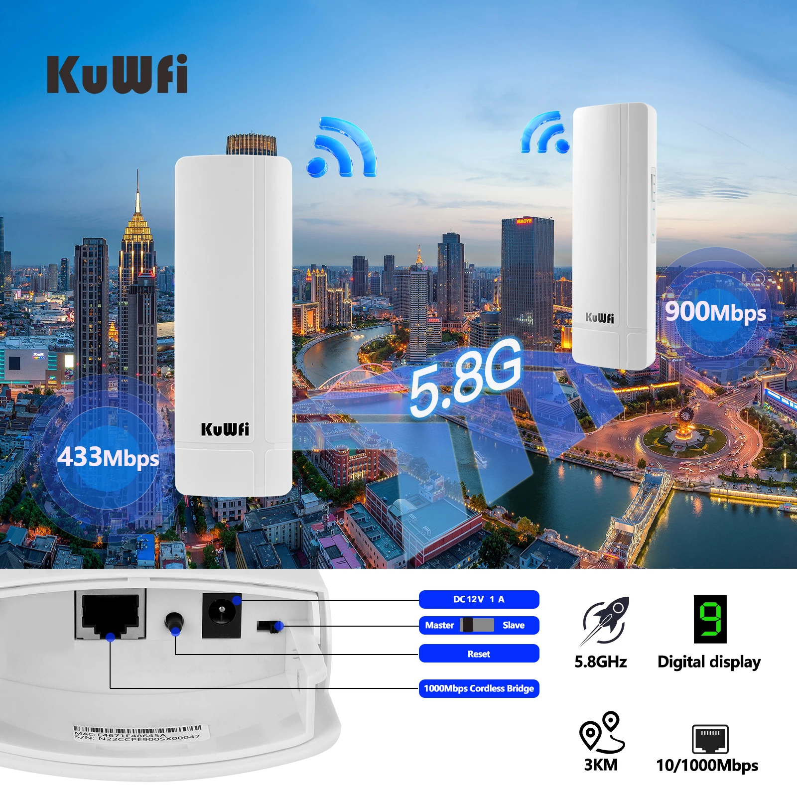 KuWFi 900Mbps Wireless Bridge 5.8G Outdoor Wifi Router Wifi Extender 3KM Long Range Point to Point Wifi Coverage For Cameras