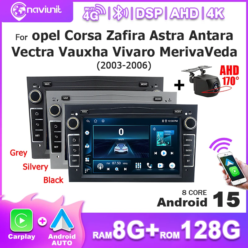 Autoradio 2 DIN avec écran 7 pouces, Android 15, CarPlay sans fil, pour Opel Vauxhall Astra Antara Zafira Meriva Combo Signum Tigra 2003-2006