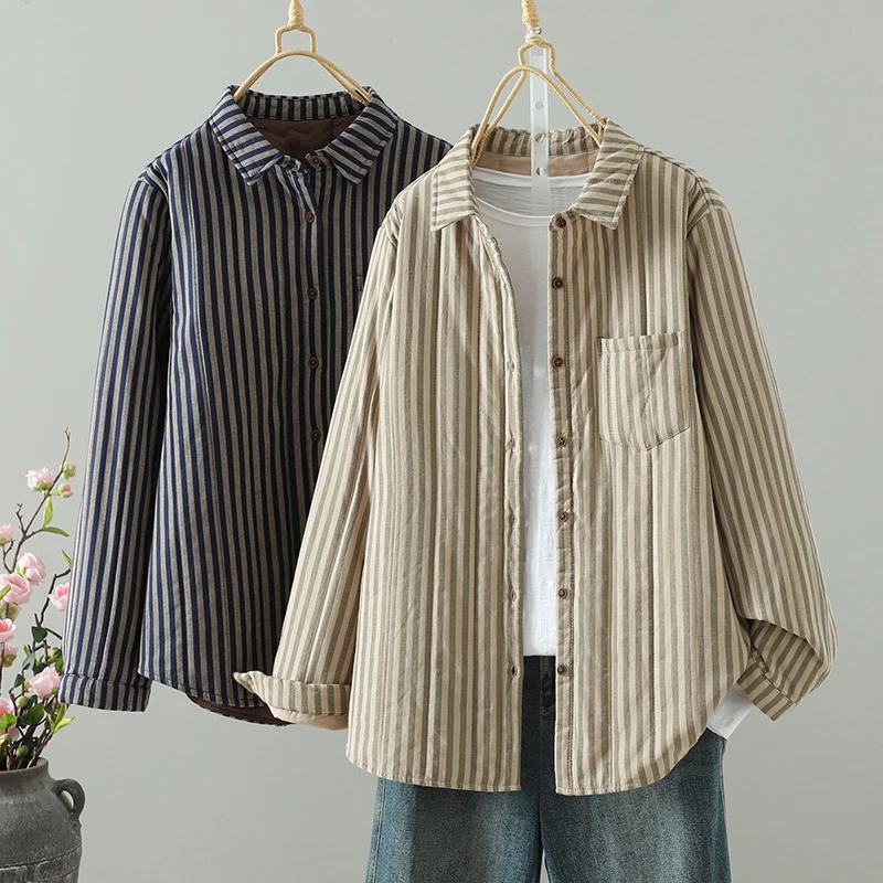 فضفاضة تناسب شريط نمط القطن irt رقيقة ملابس خارجية دافئة الخريف الشتاء تخفيف Sle منتظم Sve طويل زر واحد إغلاق