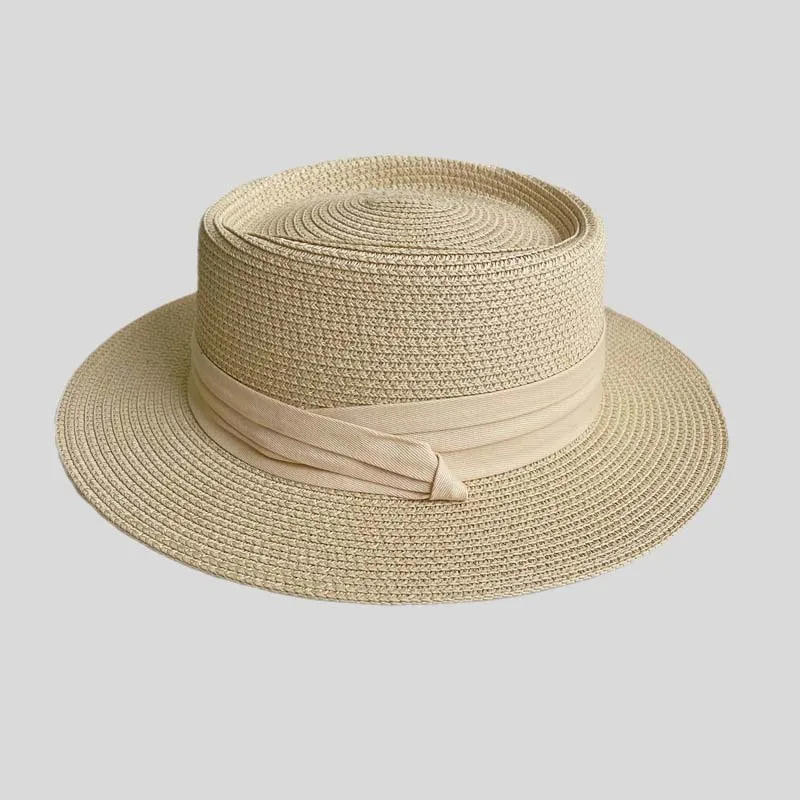 New Arrived Summer Flat Roof Straw Panama Hat French Style Vacation Wide Brim Sunshade Straw Hat Outdoor Sea Beach Women's Sun C