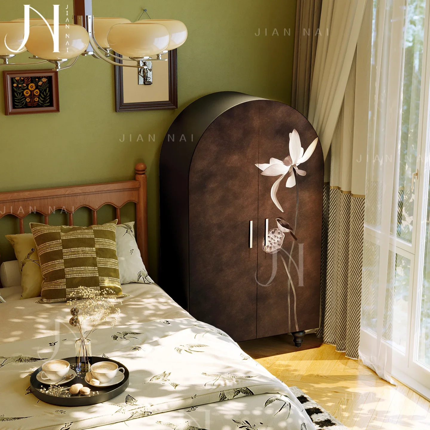 TAO French retro solid wood semi-round cabinet, ancient brown lotus heart wardrobe, living room against the wall, bedroom storag