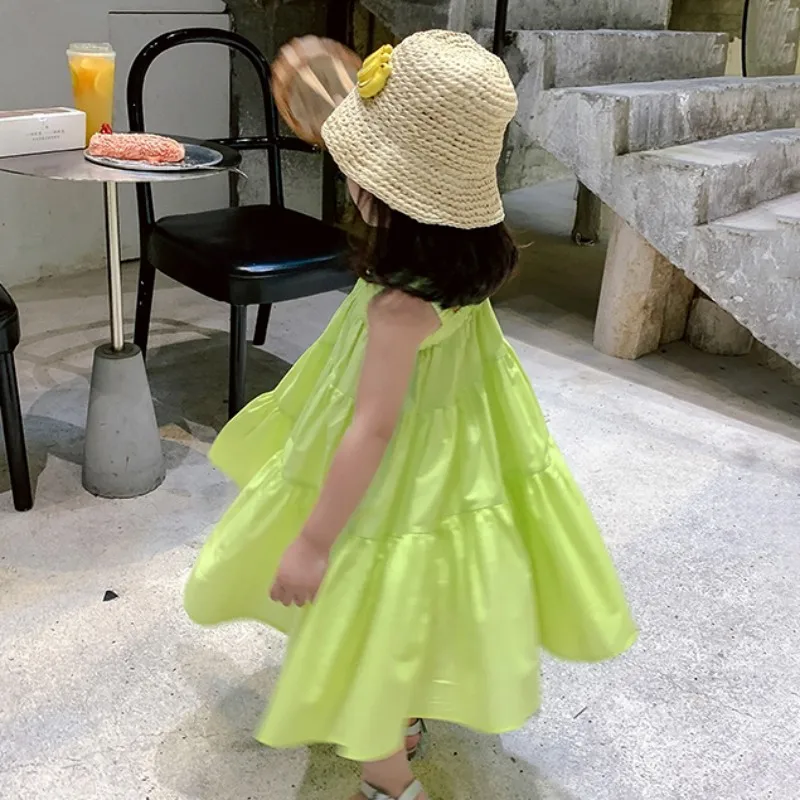 Summer New Kids Girls Large Hem Dress Children\'s Clothing Solid Dress Suspender Princess Dresses Cute Beach Clothing