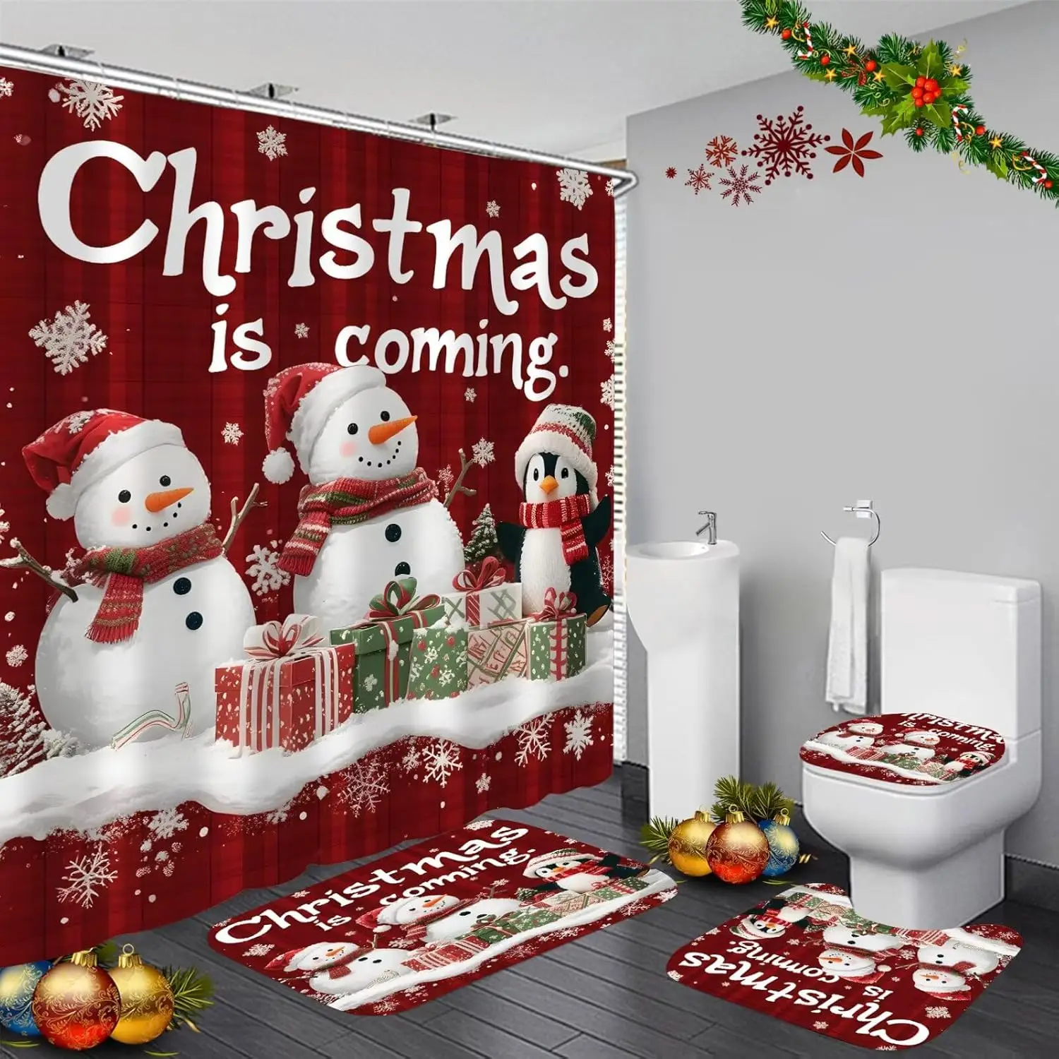 

4Pcs Christmas Cute Snowman Shower Curtain Set with Non-Slip Rug Toilet Lid Cover and Bath Mat Shower Curtain with 12 Hooks Red