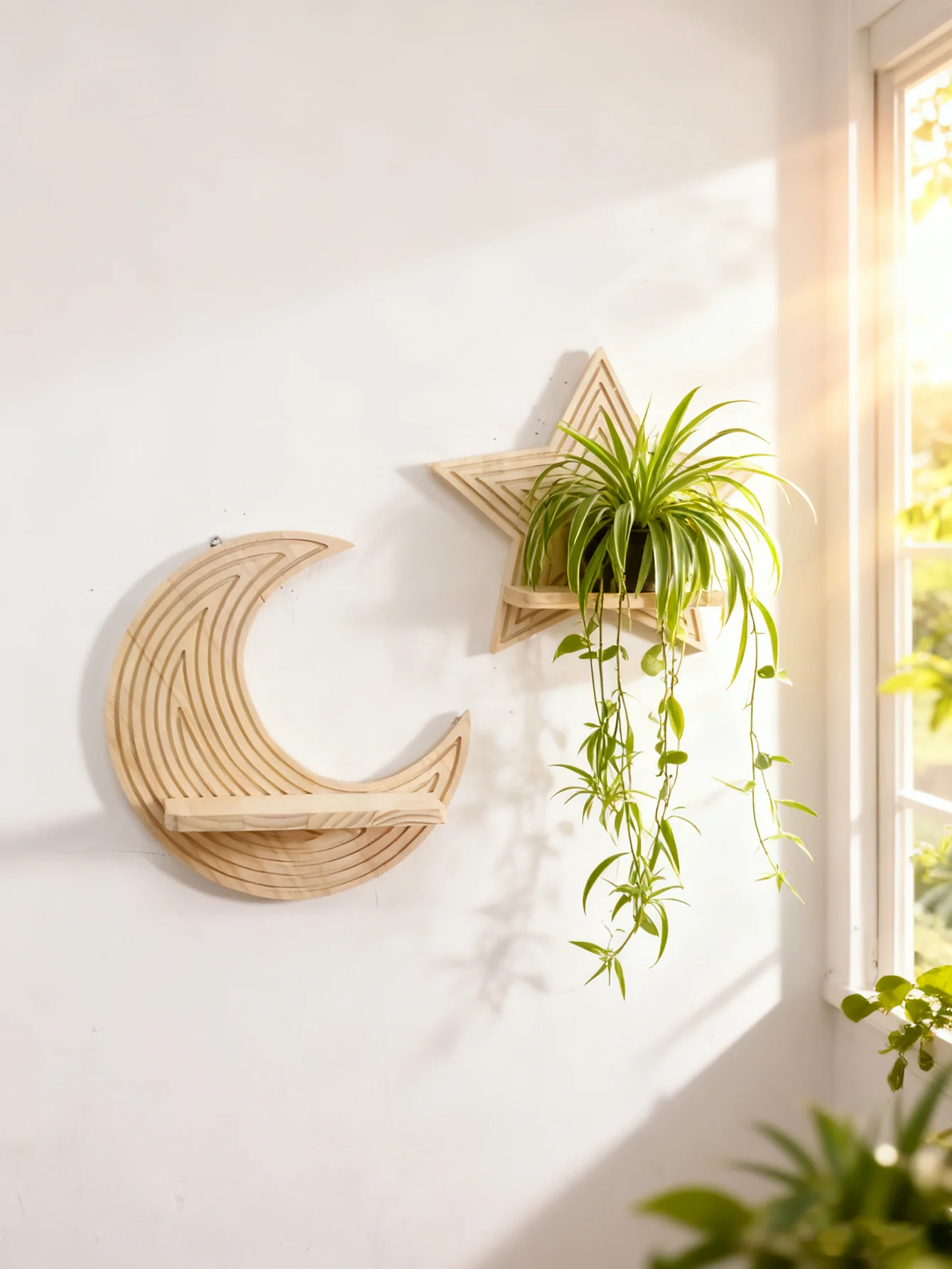 Mond-Stern Holz-Wandregale Pflanzen-Display Schwebendes Regal Rustikales Wandmontiertes Aufbewahrungsregal für Heim-Dekoration, Schlafzimmer & Wohnzimmer