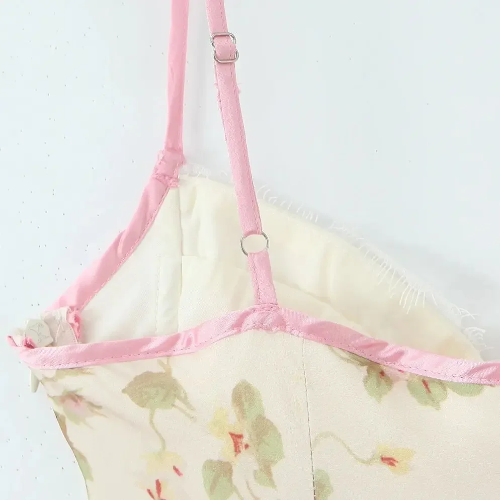 2025 Sexy Deep V neck Lace Chest Spliced Floral Print Satin Midi Sling Dress Women Swing A-lined Robe Party Evening Vestidos