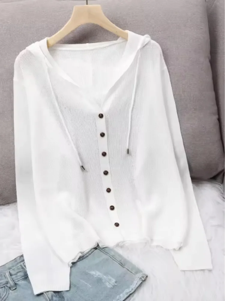 2026 New Summer Short Knitted Cardigan Coat Women's Hooded Top Ladies Solid Color Button Sun Protection Thin Outdoor Outwear