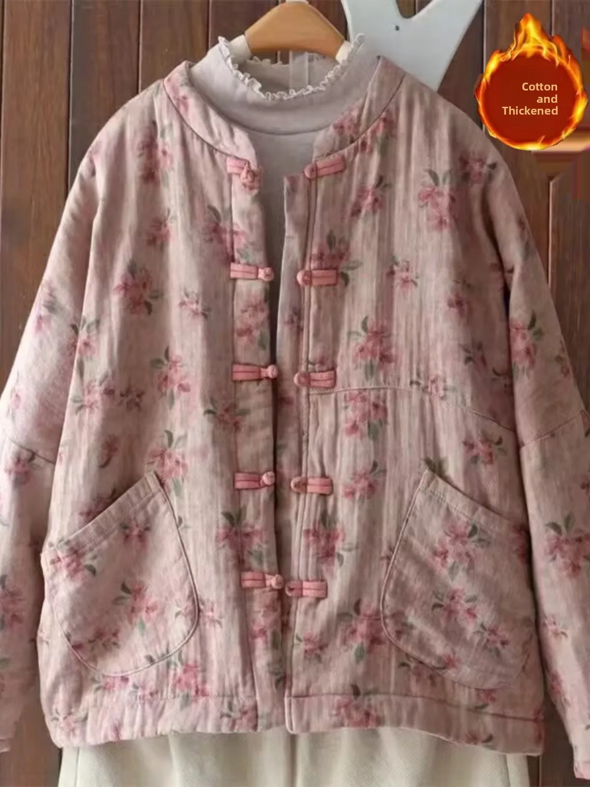 

Хлопково-льняное джинто ручной работы с принтом для среднего возраста и лежа взимку Thiened Retro Sle Long Sve Coat