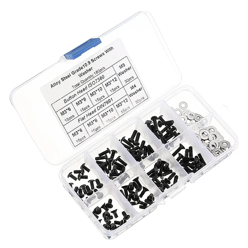 Limited Clearance 180PCS Alloy Steel M3 Grade10.9 Screws with Washer Button Head Flat Head M3 Washer M3 M4 Combo