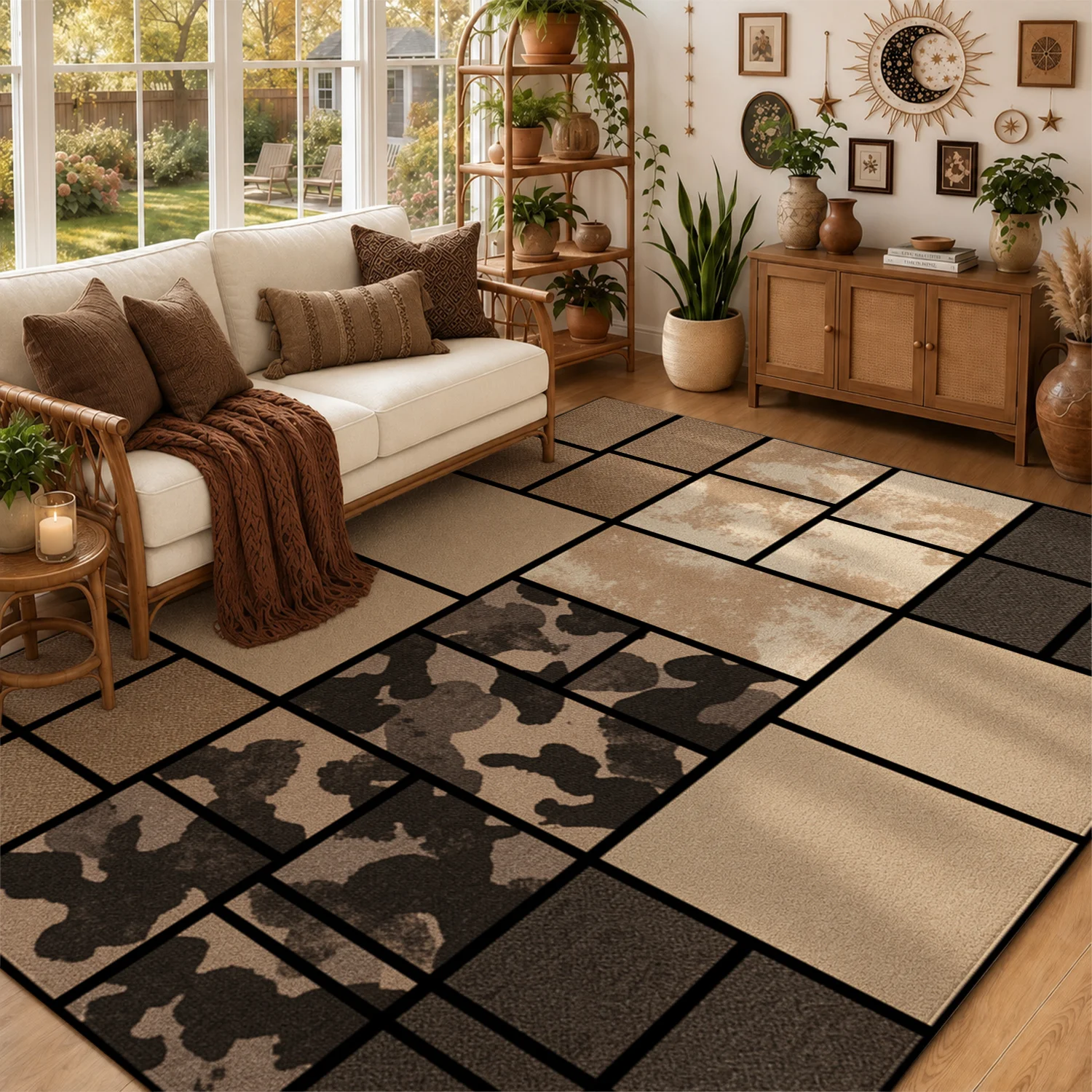 Abstract Geometric Block Ink Pattern Area Rug High Quality Velvet Machine Washable Stable Placement Ideal for Living Room Bedroom Office Dining Room Halloween Thanksgiving Black Friday Christmas New Year Home Floor Decor