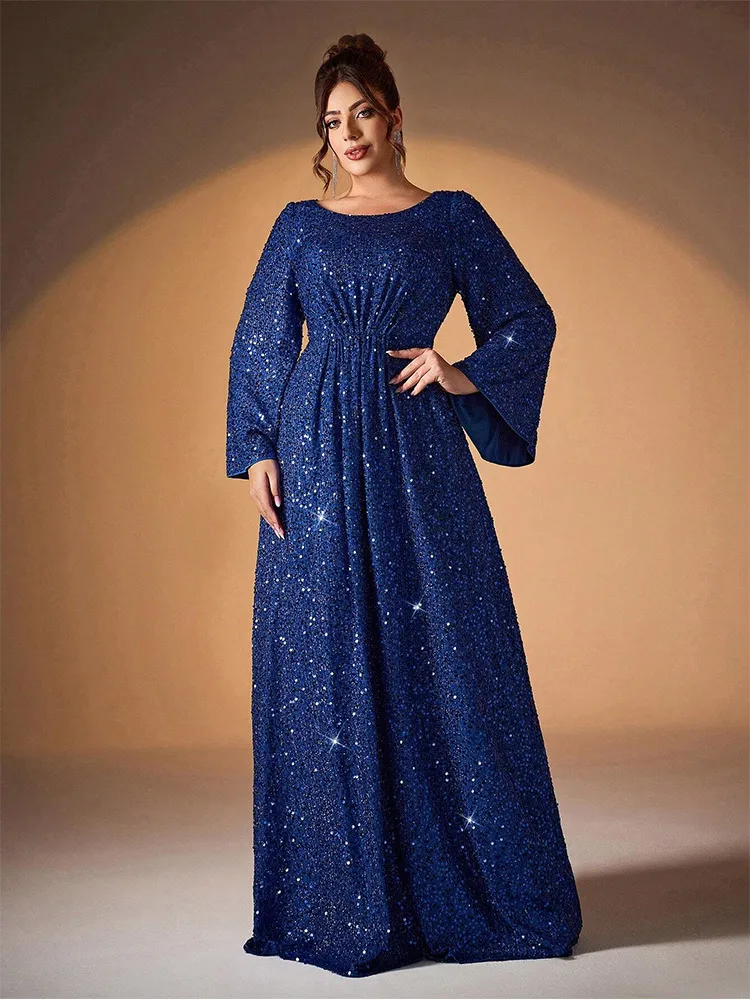 Plus Size Round Neck Long Sleeve Royal Blue Sparkling Evening Dress 4LX 5XL Big Size Wedding Banquet Bridesmaid Prom Gown 2024