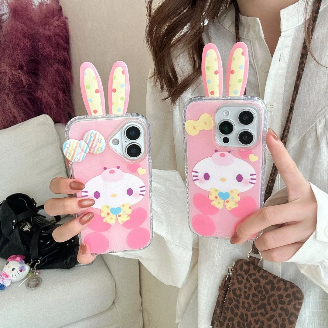 

Kawaii Rabbit Ear Stereoscopic Cartoon Bow Bear Protection Phone Case for iPhone 16 Pro Max 14 Plus 15 13 Pro Max Cover