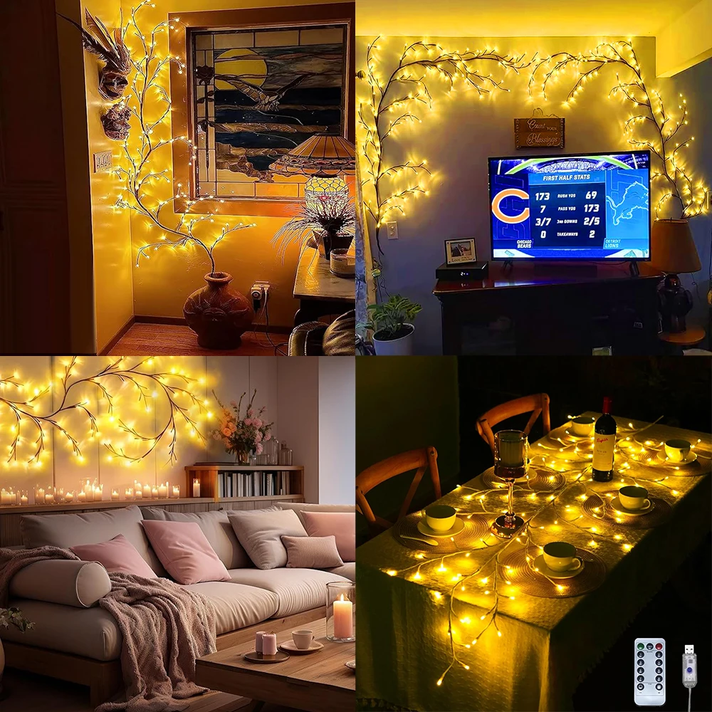 72/96LED USB 트리 브랜치 램프 8모드 벤더블 버드나무 덩굴 조명 벽걸이용 실내외 크리스마스 트리 장식 조명