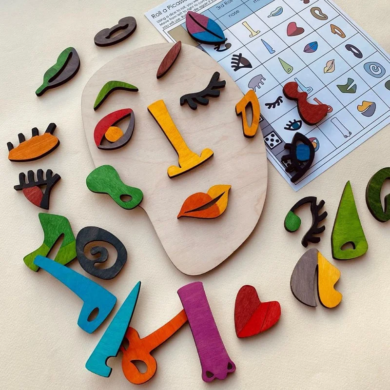 Wooden Montessori Puzzles, 26 Part Picasso Modern Art Puzzle, Colored Face Art Educational Stem Toy -Wooden Toddler Easy To Use