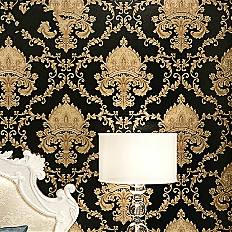 High Grade Black Gold Luxury Embossed Texture Metallic 3D Damask wallpaper for wall Roll washable Vinyl PVC