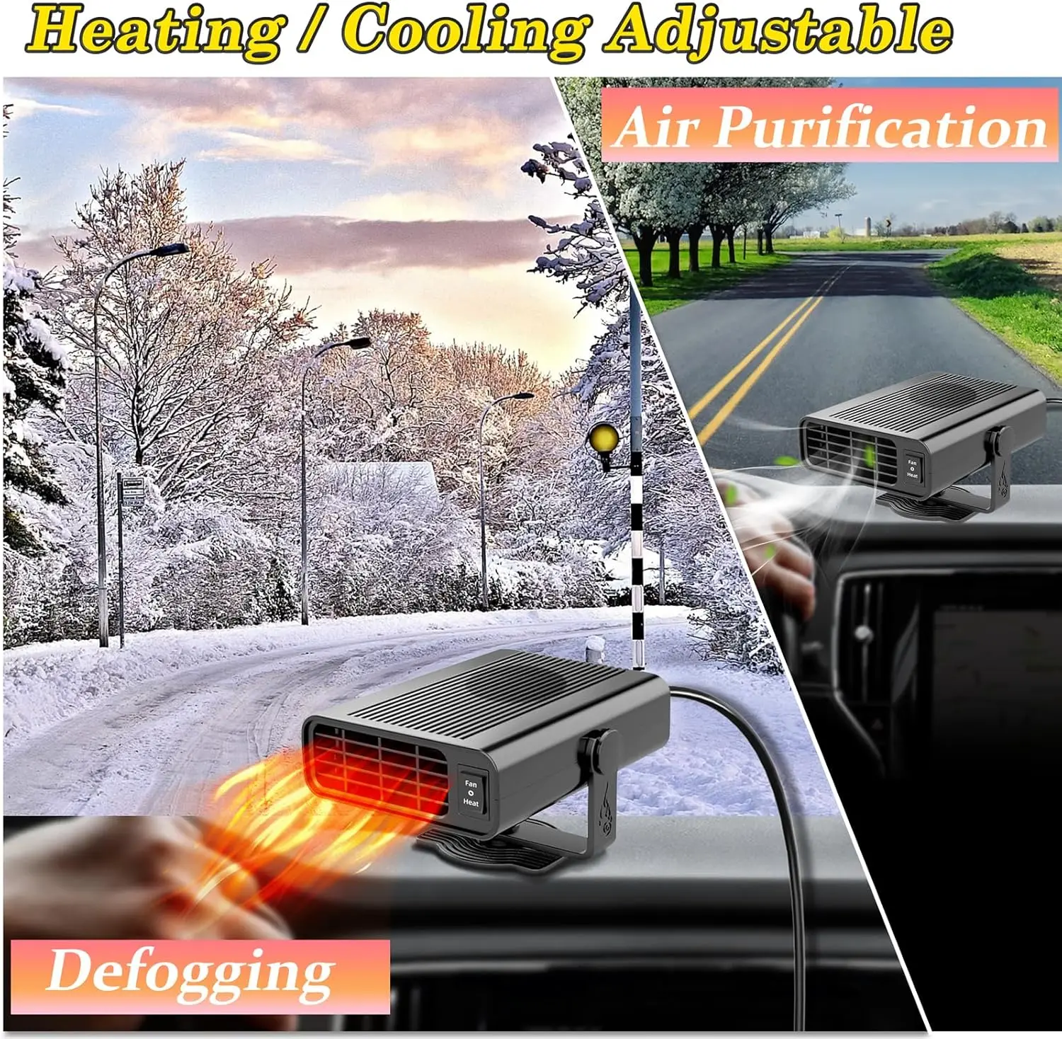 سخان سيارة 12 فولت مزيل الصقيع المحمول 200 وات مروحة تسخين سريعة للزجاج الأمامي باللون الأسود