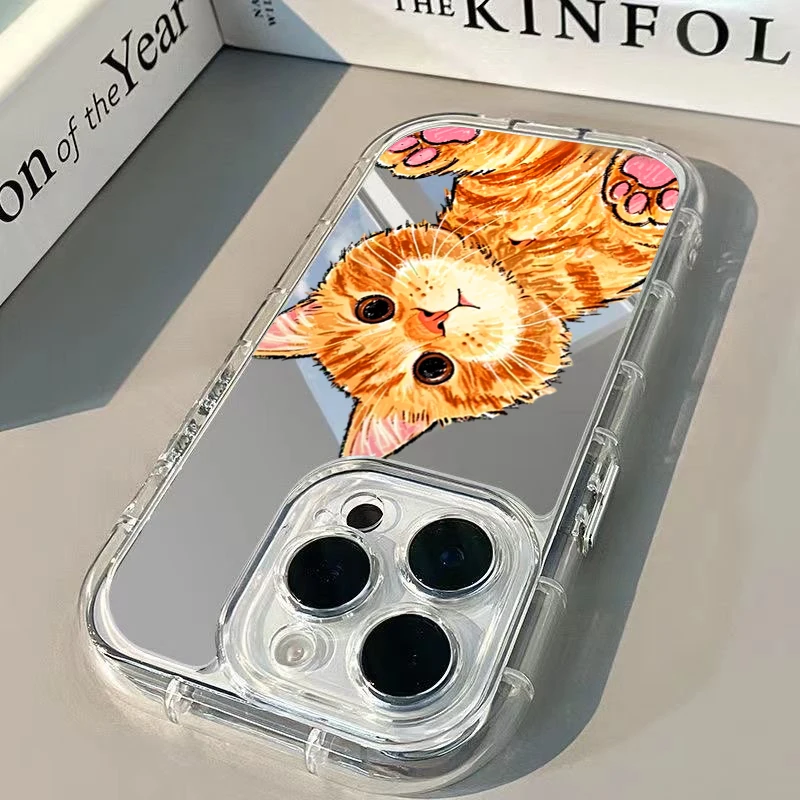 Cartoon Cute Orange Cat Mirror Phone Case For iPhone 11 12 13 14 15 16 17 Pro Max 7 8 Plus XR X XS 16E 17E Shockproof Back Cover view 3