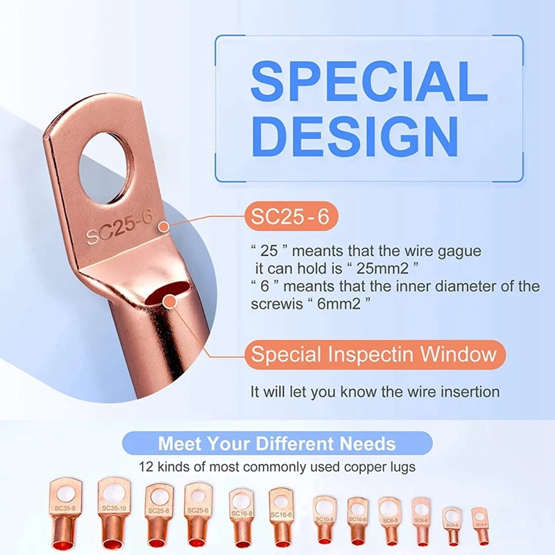 240Pcscopper Wire Lugs Battery Terminals Battery Cable Ends,AWG 2 4 6 8 10/12 Gauge Wireconnectors,For Marine Electrical