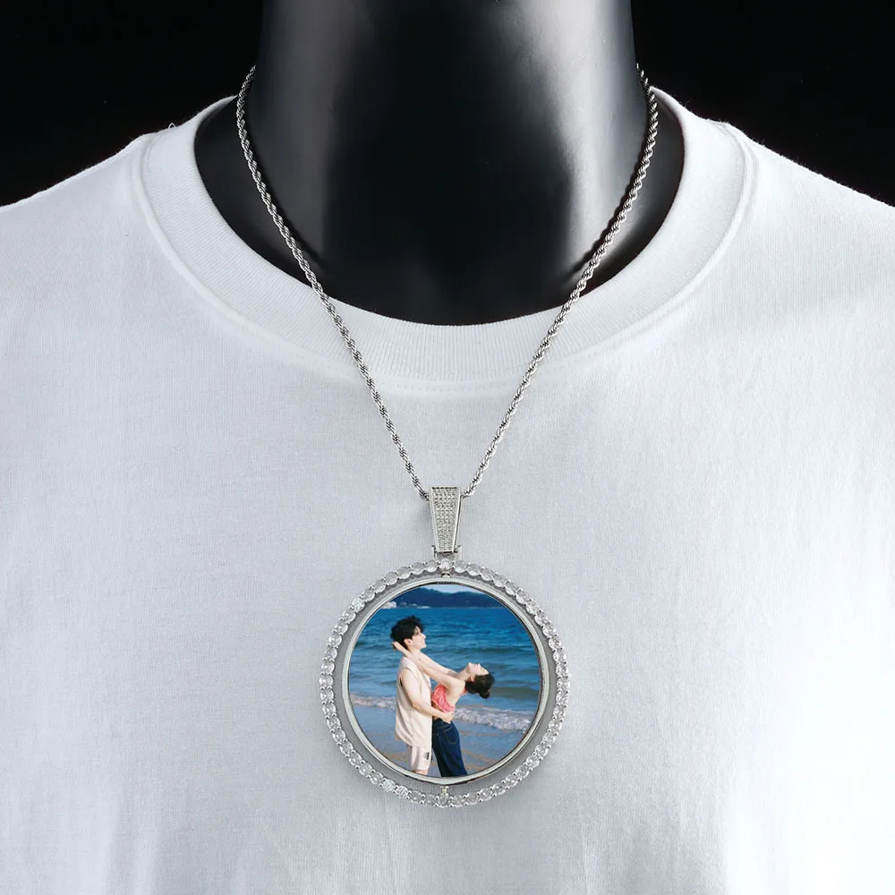

NY Custom Rotating Double Sides Big Circle Photo Pendant Necklace personalized Hip Hop Jewelry Picture Chain Necklace