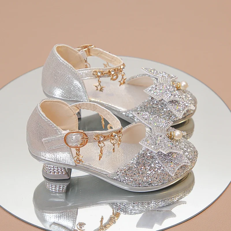 Girls High Heeled Leather Shoes for Wedding Party Glitter Rhinestone with Bow-knot Kids Dress Elegant Pendant Bling Sparkling