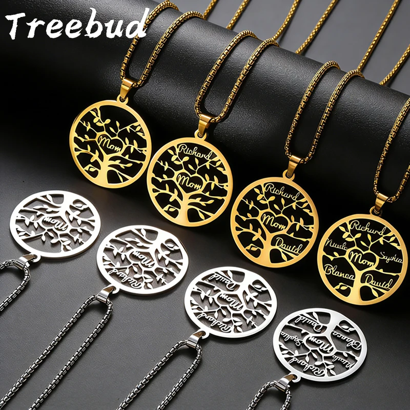 Treebud-collar personalizado con nombre del árbol de la vida, de acero inoxidable, colgante personalizado con 1-7 nombres, gargantilla, regalo del día de la madre, joyería para mamá