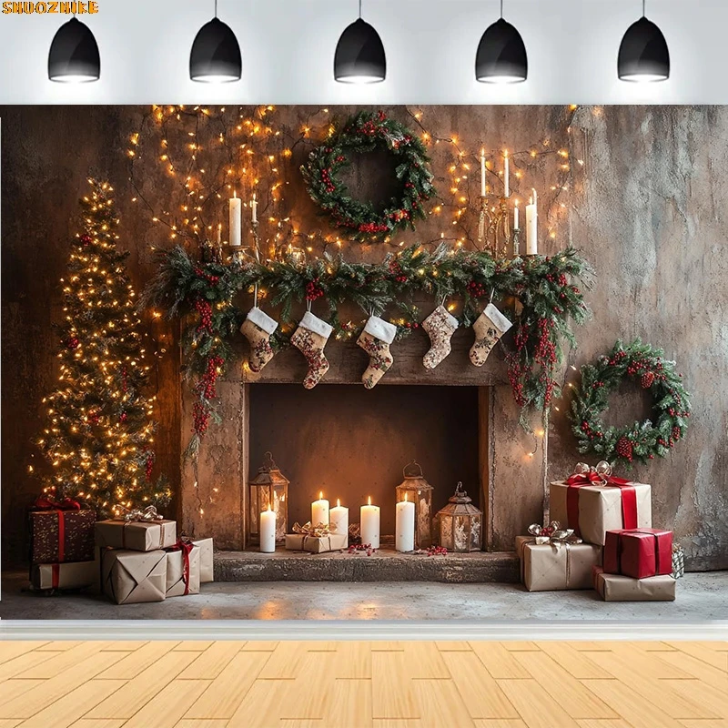

Christmas Day Wreath Family New Year Party Photography Backdrops Prop Window Living Room Xmas Tree Gift Snow Background WD-16