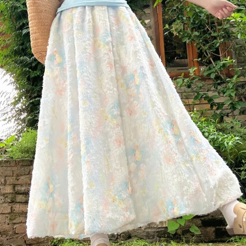 

Floral High Waist Slimming Summer Resort Skirt Casual A-Line Skirt Pleated Elegant Korean Style Fashion Ball Gown Long Skirts