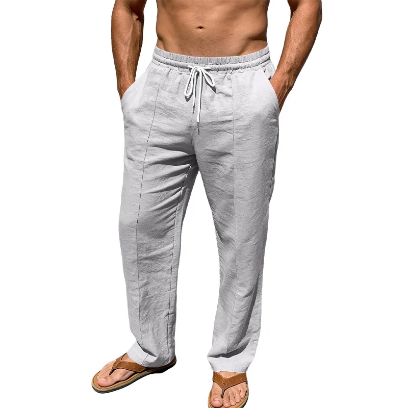 

Men's linen blend beach pants, summer vacation casual pants, elastic waistband, stretchy waist, lightweight and breathable.