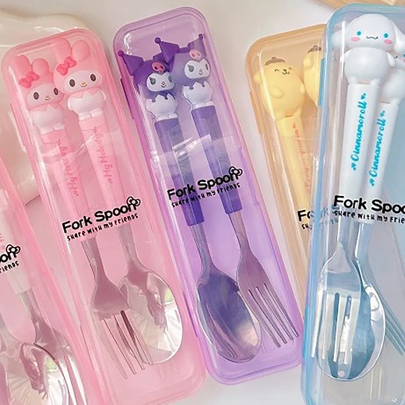 2Pcs Anime Sanrio Figure Stainless Steel Spoon Fork Hello Kitty Kuromi Melody Cartoon Cutlery Spoon Fork Tableware Box Kids Gift