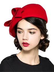 Elegant Beret Church Hats Women's Wool Felt Fascinators Fedora Hat Ladies Bow Caps Pillbox Hat Korean