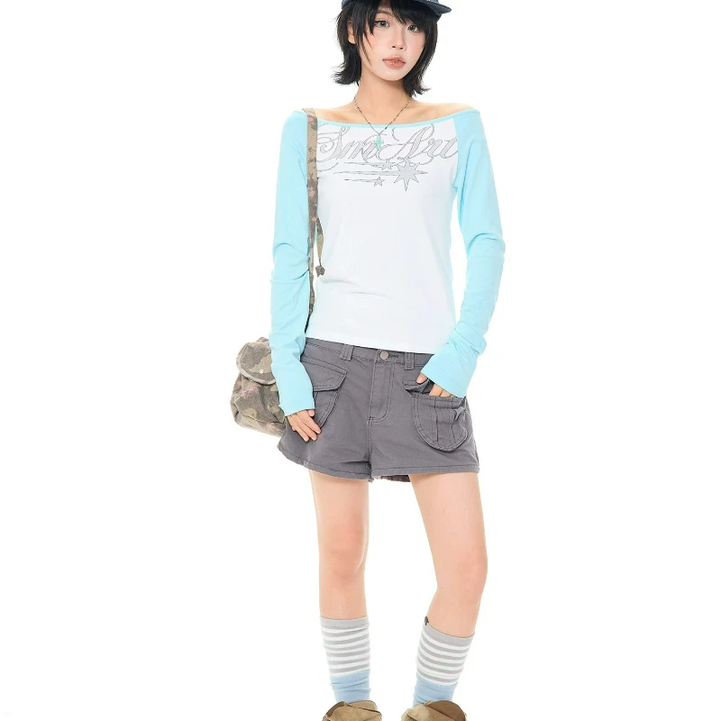 Korean Women's T-shirt 2026 Autumn Star Letter Splicing Slanted Shoulder Long Sleeve Slim Thin Casual Versatile T-shirts Ladies