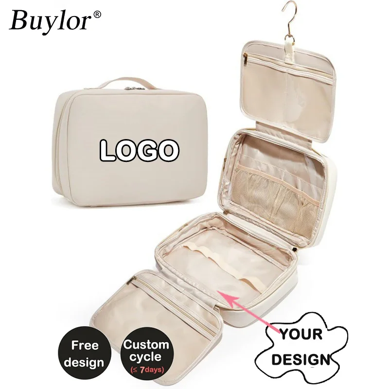 Buylor Hanging Travel Makeup Bag With 4 Compartments, PU Leather Cosmetic Bag, Multi-Layer Men's Women's Toiletry Storage Bag