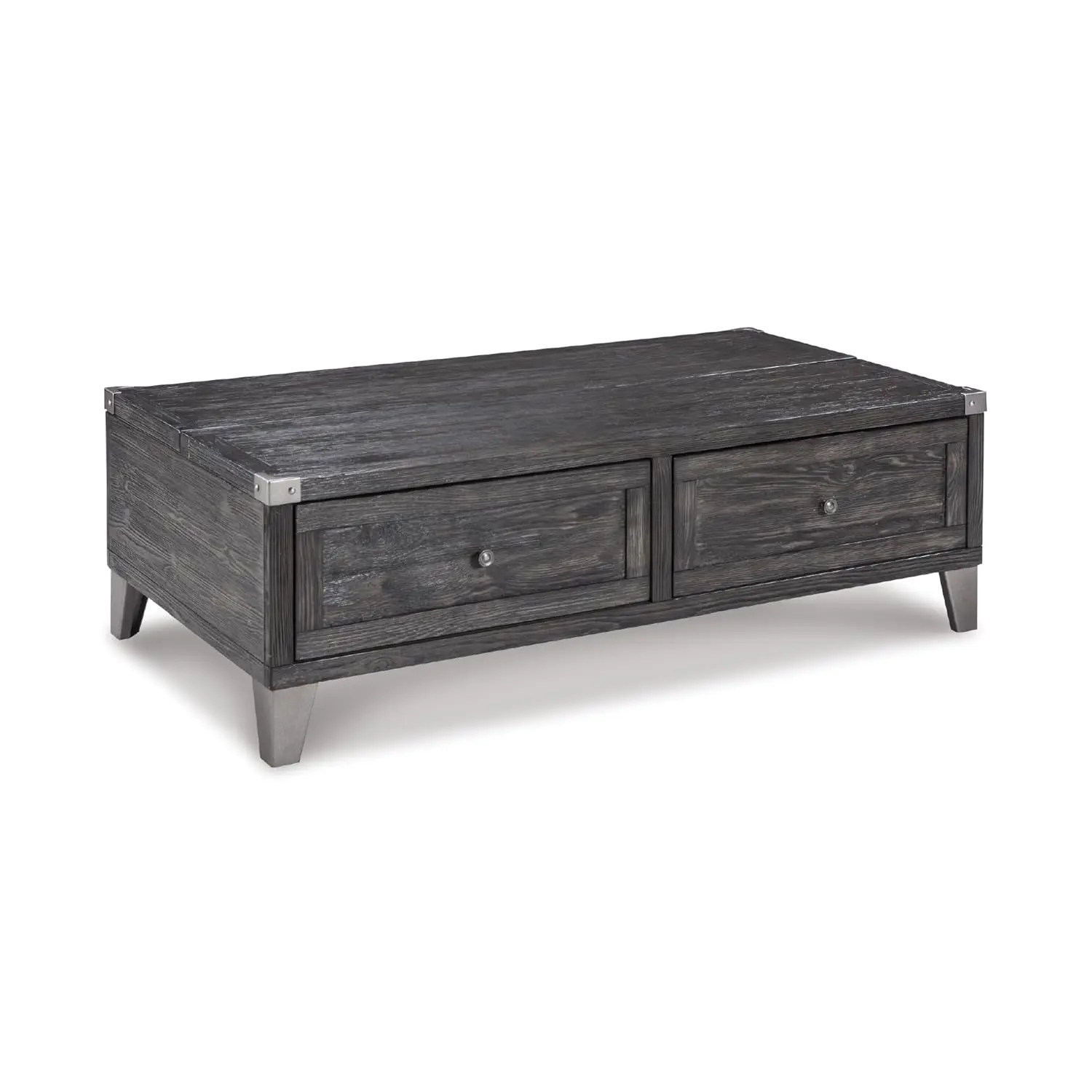 

Industrial Spring-Lift Top Coffee Table, 2 Storage Drawers, Metal Legs, Wood, 54.38" W X 28.5" D X 18.25" H, Dark Gray
