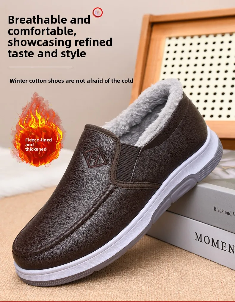 Herren-Winterschuhe mit Fleece-Futter, lässiger Schnitt, zum Hineinschlüpfen, wasserdichtes PU-Obermaterial, rutschfeste, dicke Sohle, warmes Schuhwerk für ältere Herren. – Detail 2