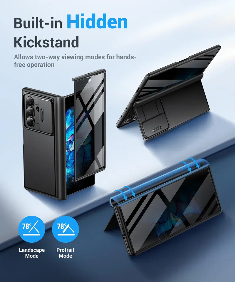 Funda para Z Fold 8 Ultra con pantalla de privacidad integrada, soporte y cubierta deslizante para cámara, protección de bisagra de grado militar a prueba de golpes 3