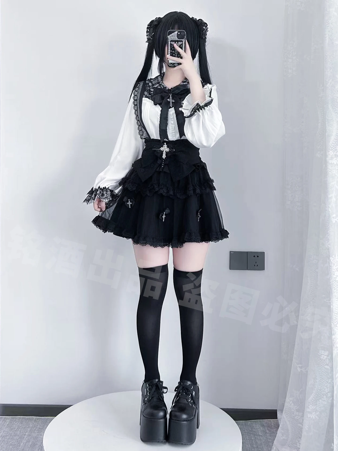 Subculture Gothic Long Sleeve Shirt+Strap Skirt 2-Piece Set Original Japanese Mine Mass-Produced  Lolita Top and Skirt Outfits