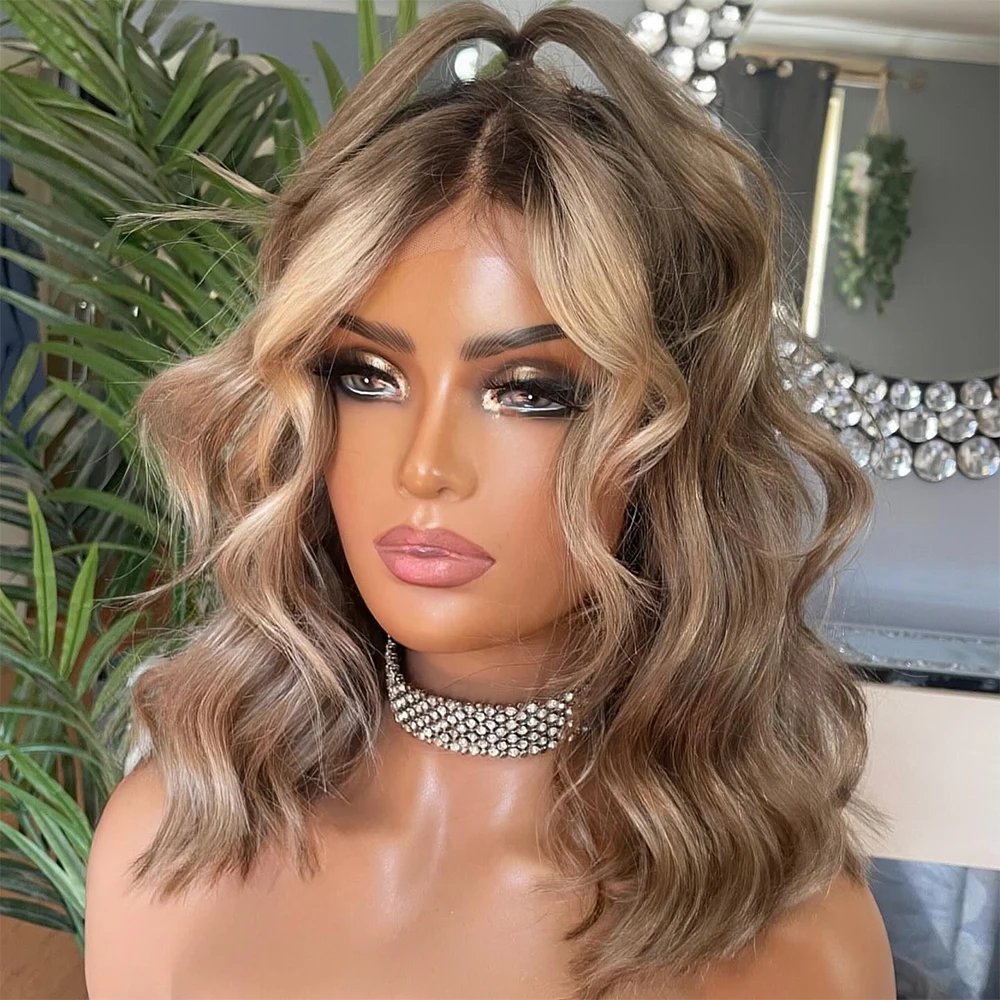 

Medium Brown Lace Front Wig Natural Looking 14Inches Brunette Short Wave Wig Heat Resistant Synthetic Hair Daily Use Cosplay Wig