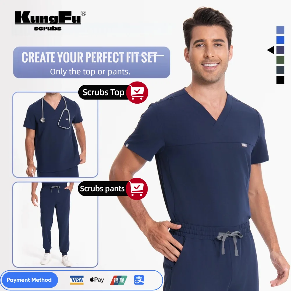 

KUNGFU SCRUBS Medcial Uniforms Man Scrubs T-shirt with Ribbed-cuff Jogging Pants Premium Antibacterial Breathable Doctor clothes