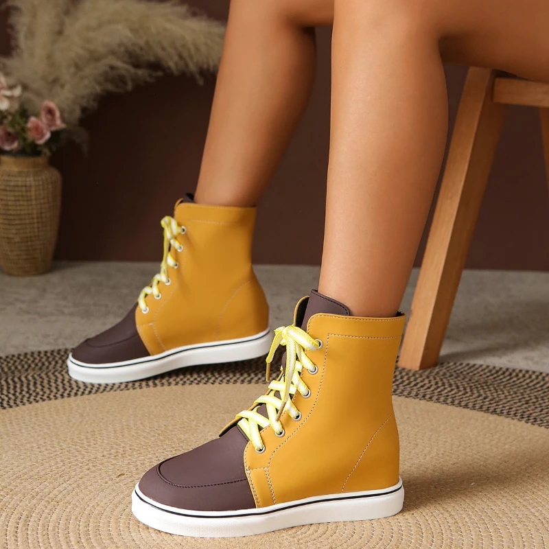 

Yellow Color Leather Shoelace Lace-Up Women Casual Sports Shoes Round Toe High-Top Sneakers Female Flat Sole Zapatillas New