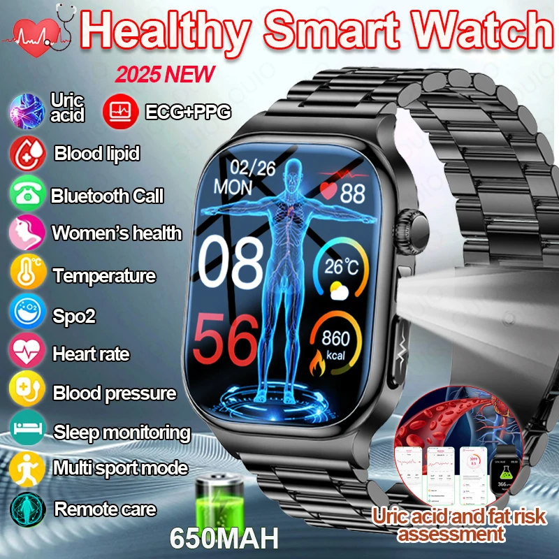 

2025 New Smart Watch ECG+PPG BT Call Heart Rate Blood Lipids Uric Acid Health Monit Watches AI Voice 650mAh Sports Smart Watches