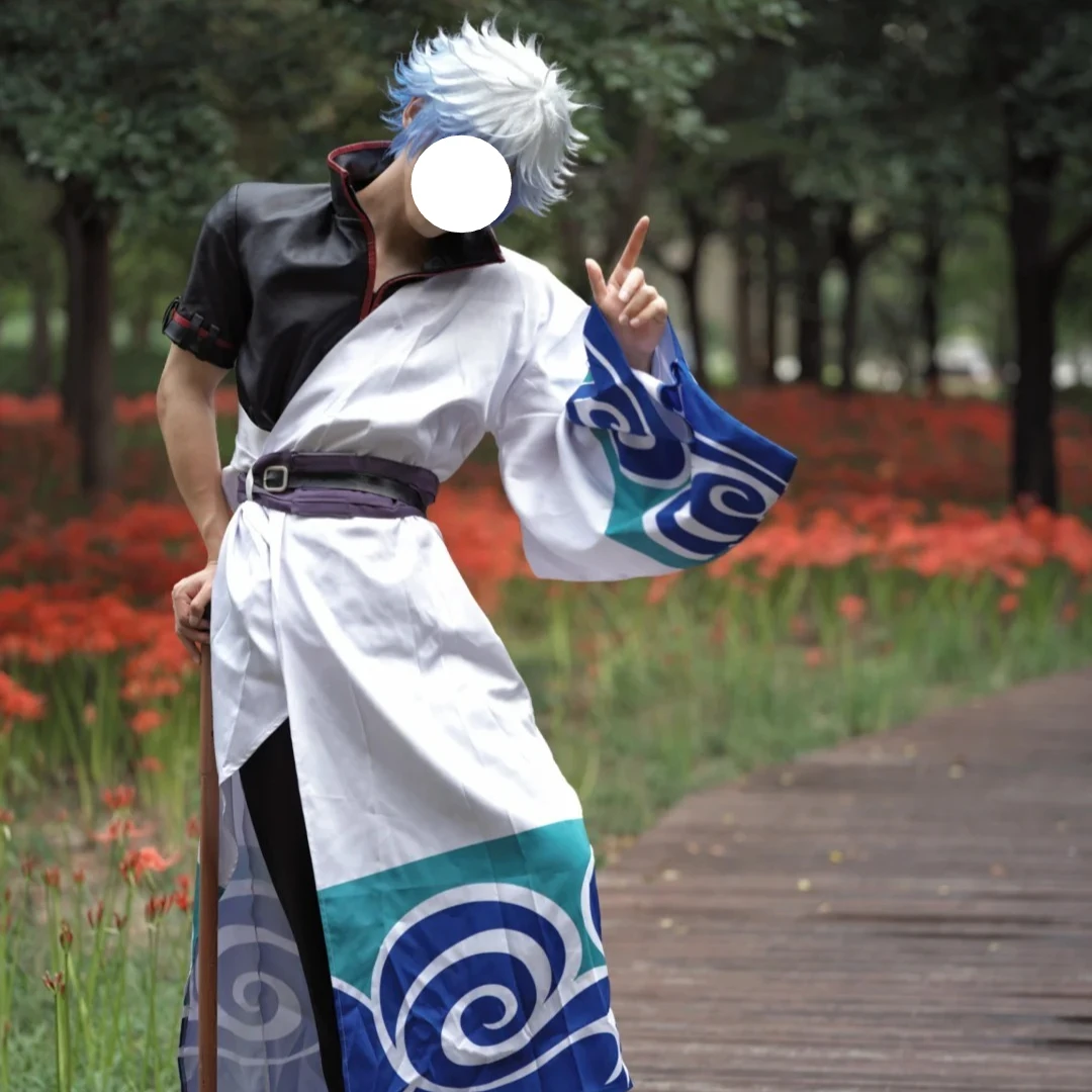 

Sakata Gintoki Cosplay Costume Cosplay Wig Kimono Asymmetric Black Short Sleeve White Long Robe Blue Wave Print Sash for Party