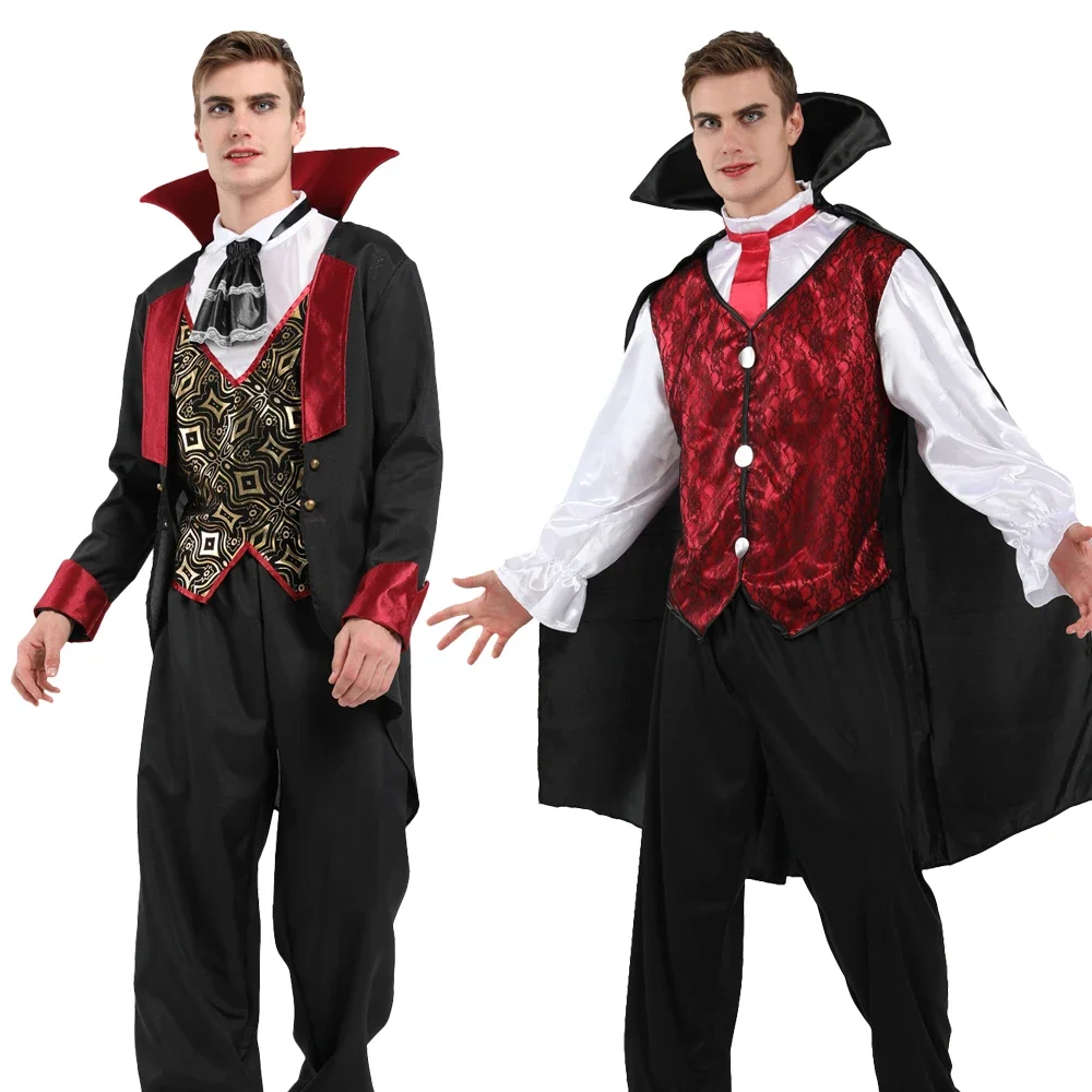 Halloween Male Medieval Vampire Cosplay Costume with Shirt Pants Vest Cloak Carnival Party Devil Dress Up